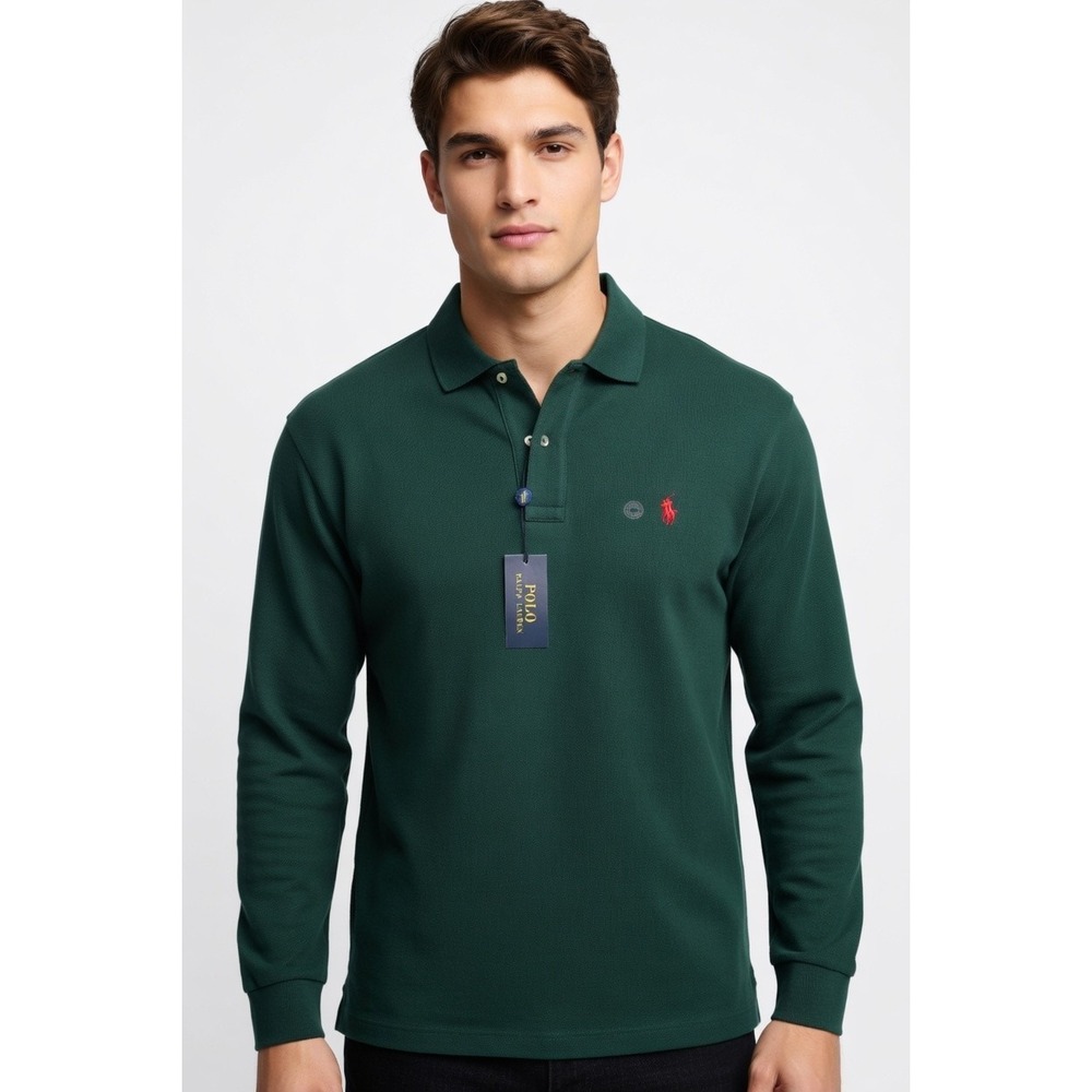 POLO  RALPH LAUREN Cotton Classic-Fit Long Sleeve Mesh Polo Shirt Green Red 4XB
